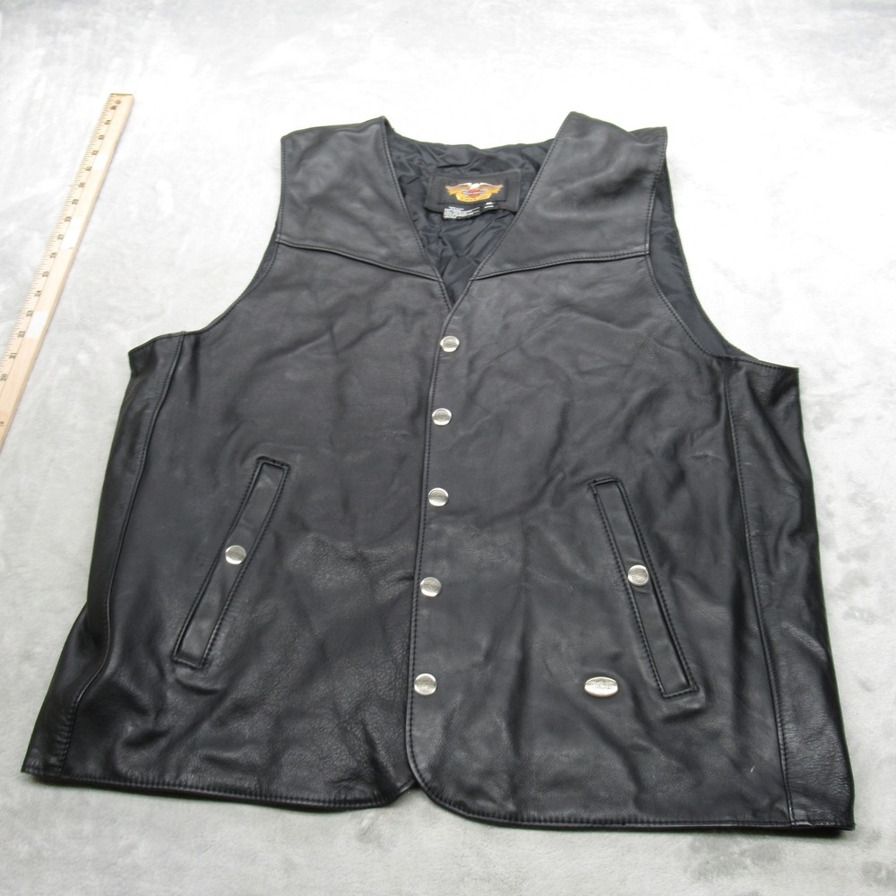 Harley Davidson Vest Mens XL Long Black Leather Motorcycle Heavyweight USA VTG‎ - Picture 2 of 12
